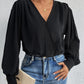Women's Isla Black Surplice Ruched Long Sleeve Bodysuit