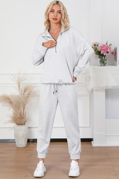 Half Zip Light Gray Sweatshirt and Drawstring Sweatpants Set