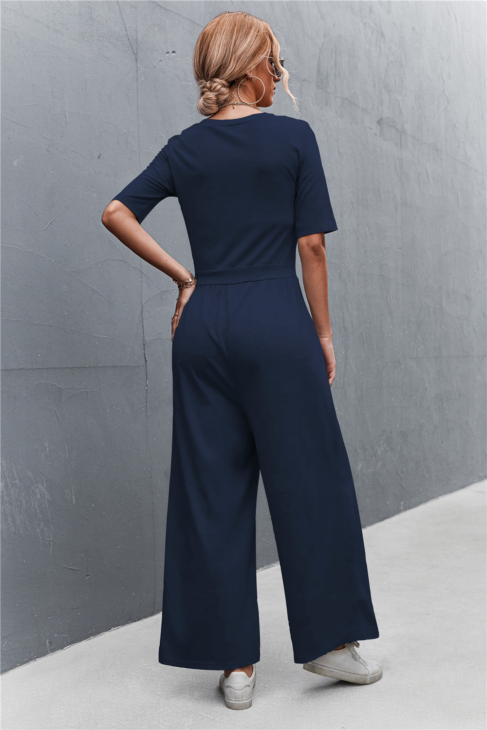 Women's Scoop Neck Half Sleeve Wide Leg Jumpsuit