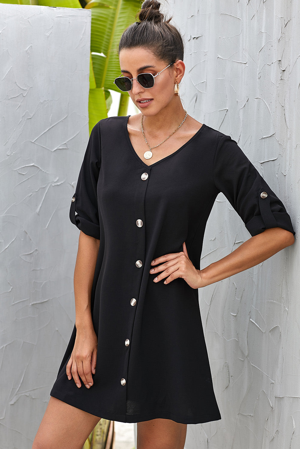 Women's Buttoned V-Neck Dress