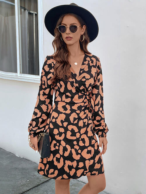 OhSoMini Caramel Brown Printed Surplice Long Sleeve Dress