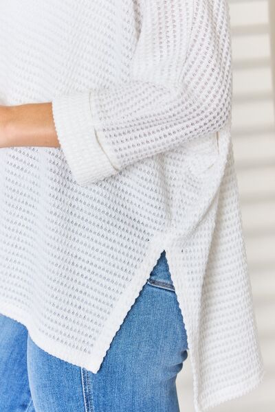 Zenana Full Size Waffle Knit V-Neck Long Sleeve Slit Top - Brand Zenana *