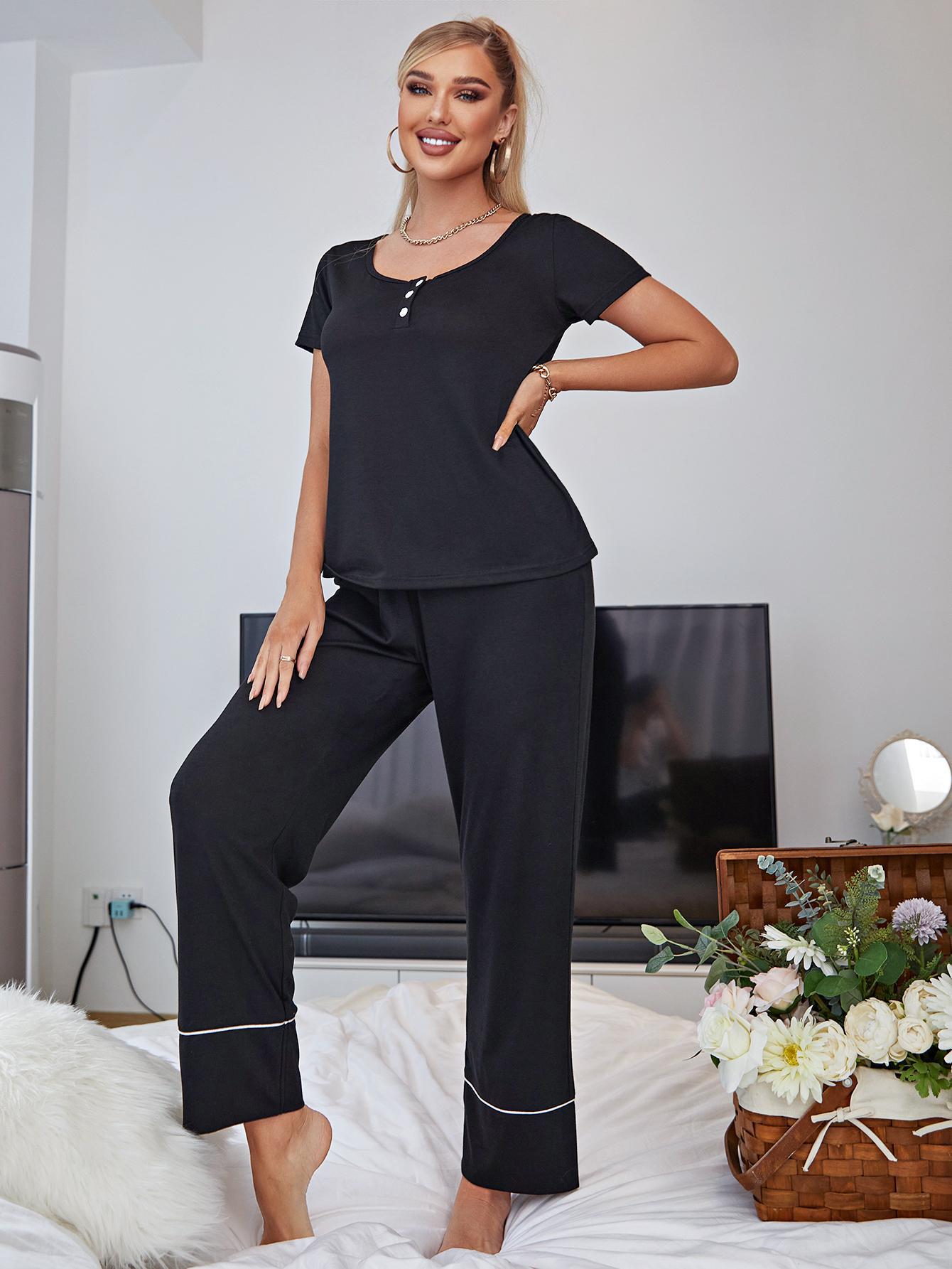 Black Scoop Neck Top and Elastic Waist Pants Lounge Set