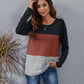 Color Block Round Neck Long Sleeve T-Shirt