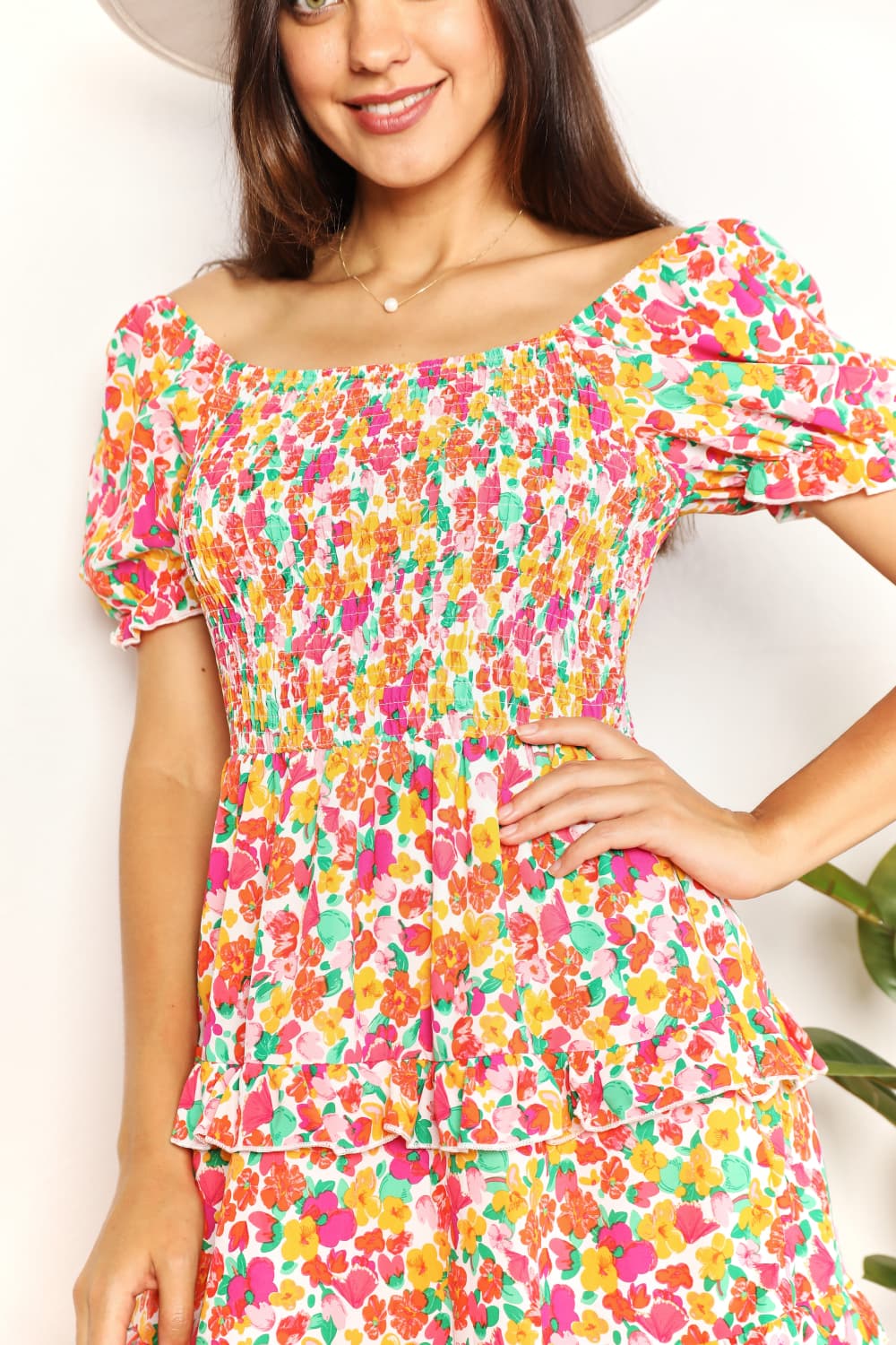 Double Take Strawberry Smocked Sweetheart Neck Flounce Sleeve Strawberry Mini Dress *
