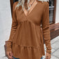 Waffle-knit V-Neck Long Sleeve Blouse