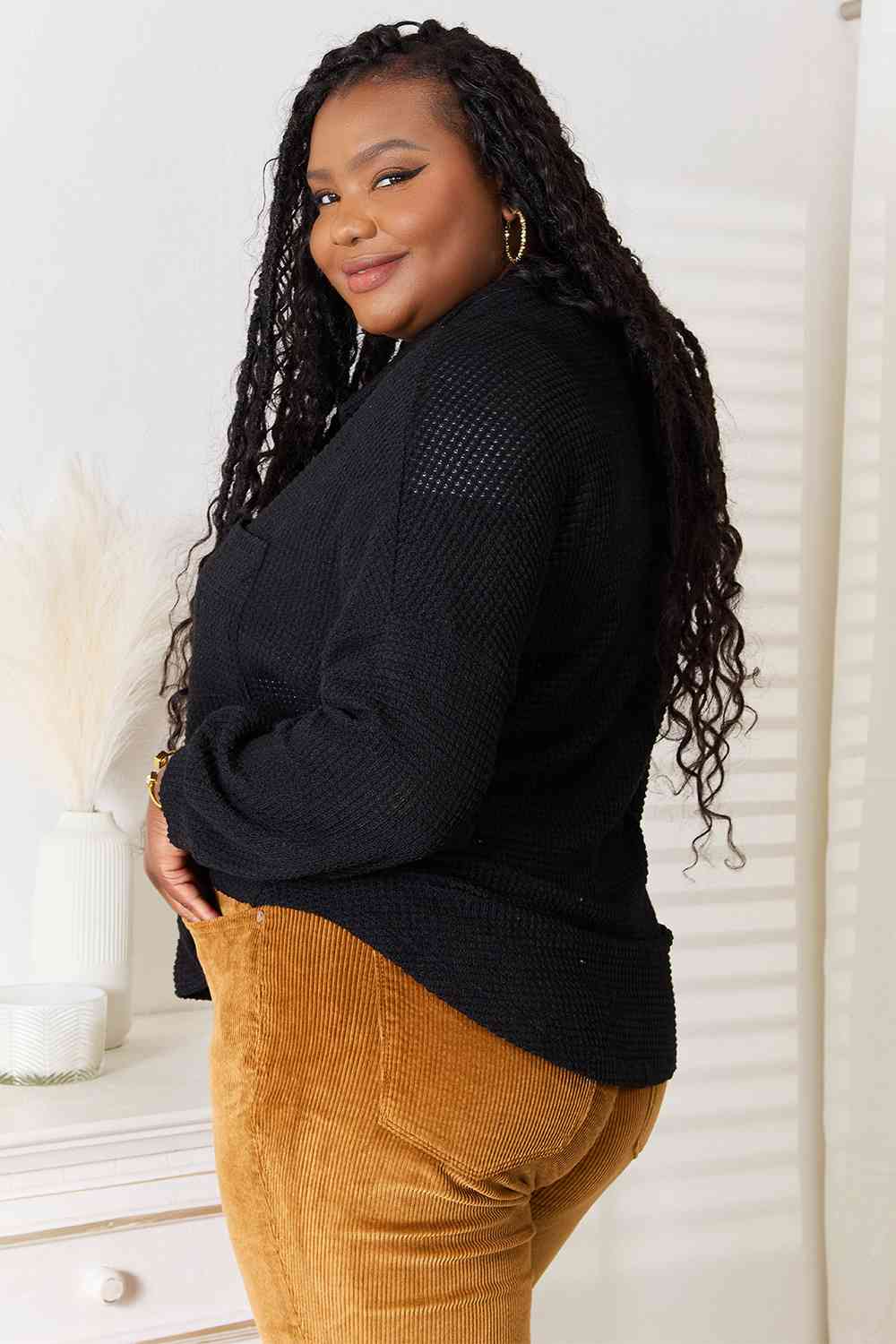 Double Take Waffle-Knit Collared Neck Dropped Shoulder Shirt *