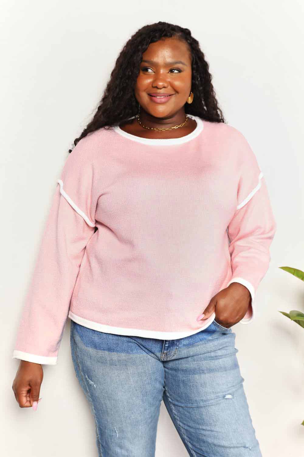 Double Take Blush Pink Contrast Detail Dropped Shoulder Knit Top