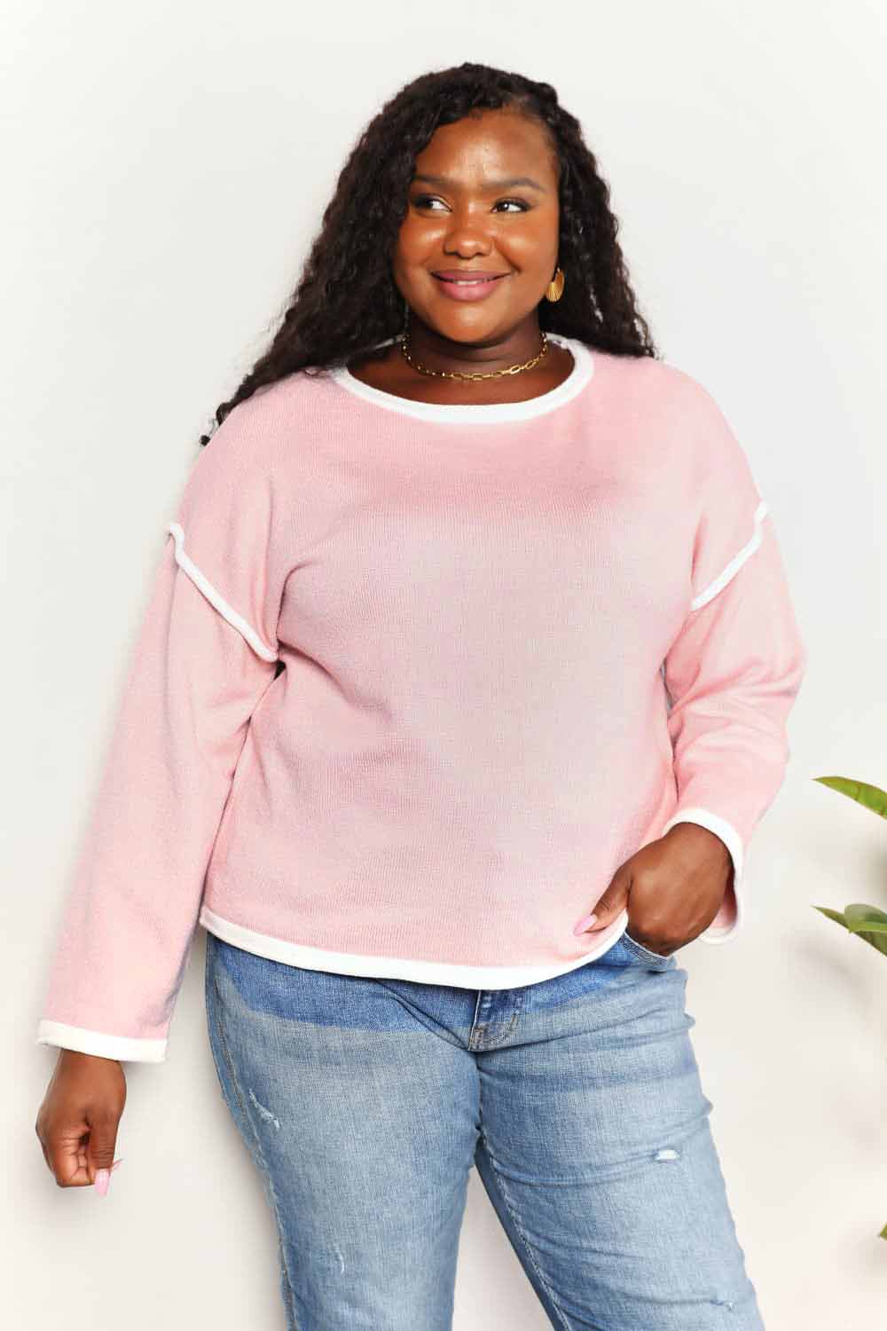 Double Take Blush Pink Contrast Detail Dropped Shoulder Knit Top *