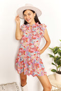 Double Take Floral Tie Neck Cap Sleeve Dress *