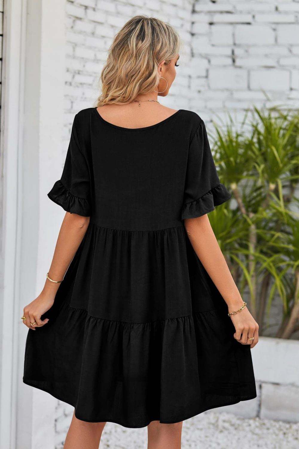 SO BOHO Full Size V-Neck Flounce Sleeve Tiered Dress