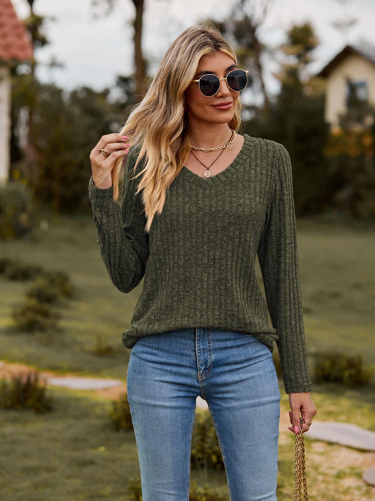 Full Size Ribbed V-Neck Long Sleeve Tee