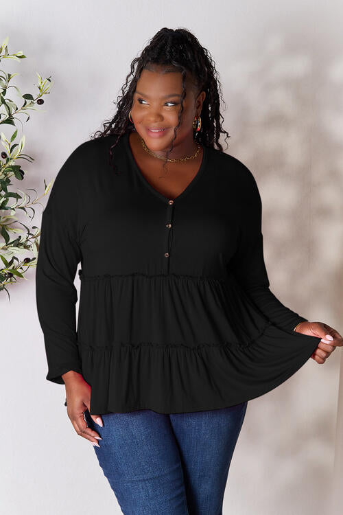 Double Take Half Button Long Sleeve Ruffle Hem Blouse *
