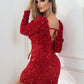 Hannah Sequin Sweetheart Neck Tie Back Long Sleeve Slit Deep Red Dress