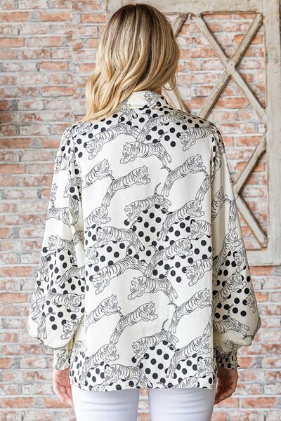 First Love Tiger Print Collared Neck Long Sleeve Satin Shirt *