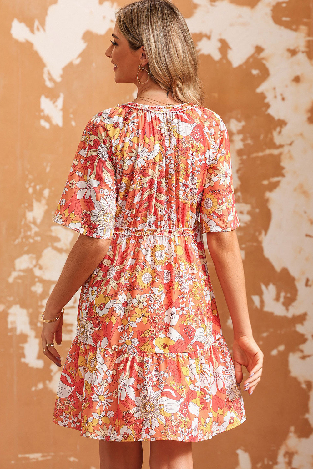 SOChic Floral Print V-Neck Short Sleeve Frill Trim Mini Dress