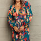 Deep Teal Printed Deep V Slit Pleated Dress