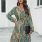 Printed Collared Neck Long Sleeve Dress