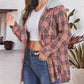 Plaid Drawstring Button Up Hooded Jacket