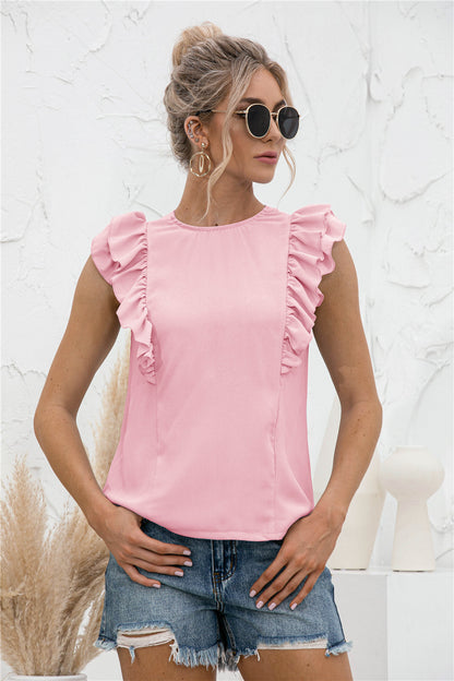 Women's Full Size DANICA Ruffle Shoulder Tie-Back Crewneck Short Sleeve Top