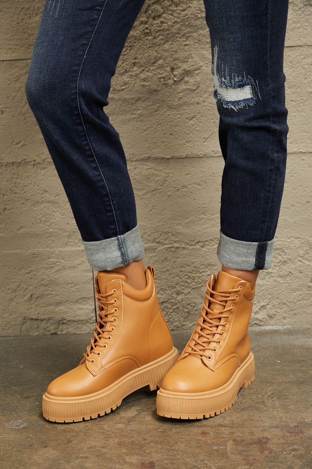 East Lion Corp Platform Caramel Combat Boots