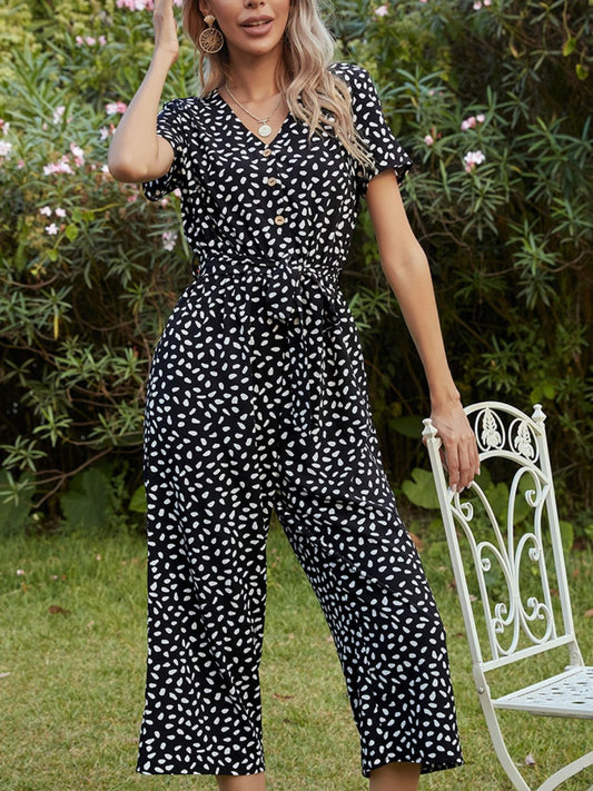 Black Printed V-Neck Short Sleeve Jumpsuit