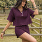 Eyelet Collared Neck Short Sleeve Top and Shorts Set