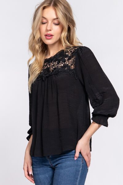 ACTIVE BASIC Crochet Lace Panel Flounce Sleeve Blouse *