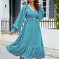 Swiss Dot V-Neck Smocked Lantern Sleeve Ruffle Hem Dress