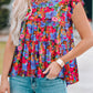 Women's Floral Round Neck Frill Trim Short Sleeve Blouse