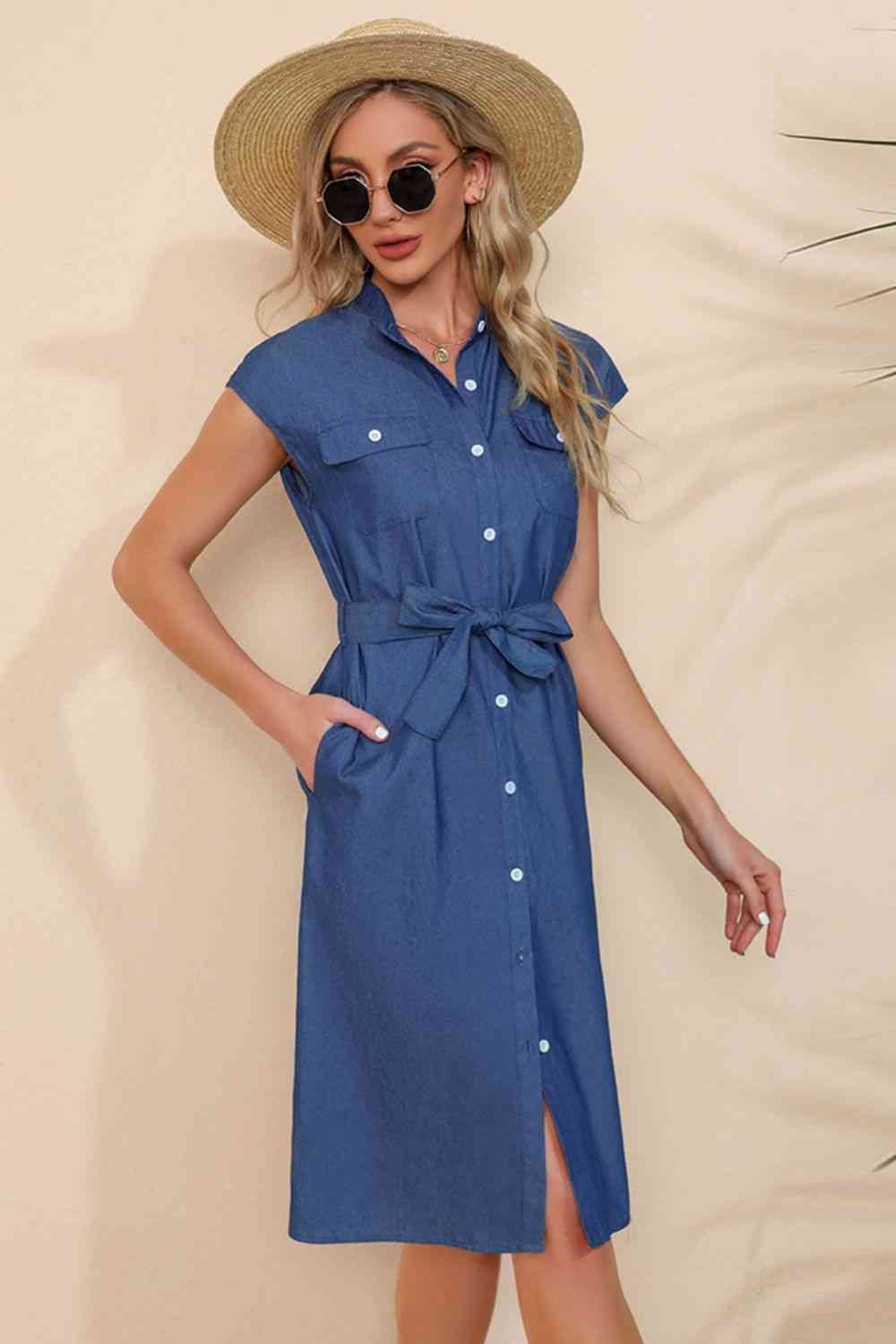 Royal Blue Button Down Belted Denim Dress