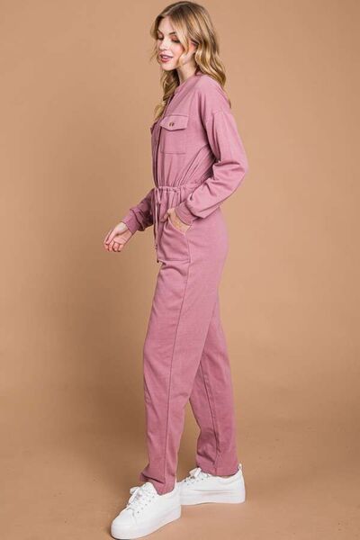 Culture Code Full Size Button Up Drawstring Waist Straight Jumpsuit *