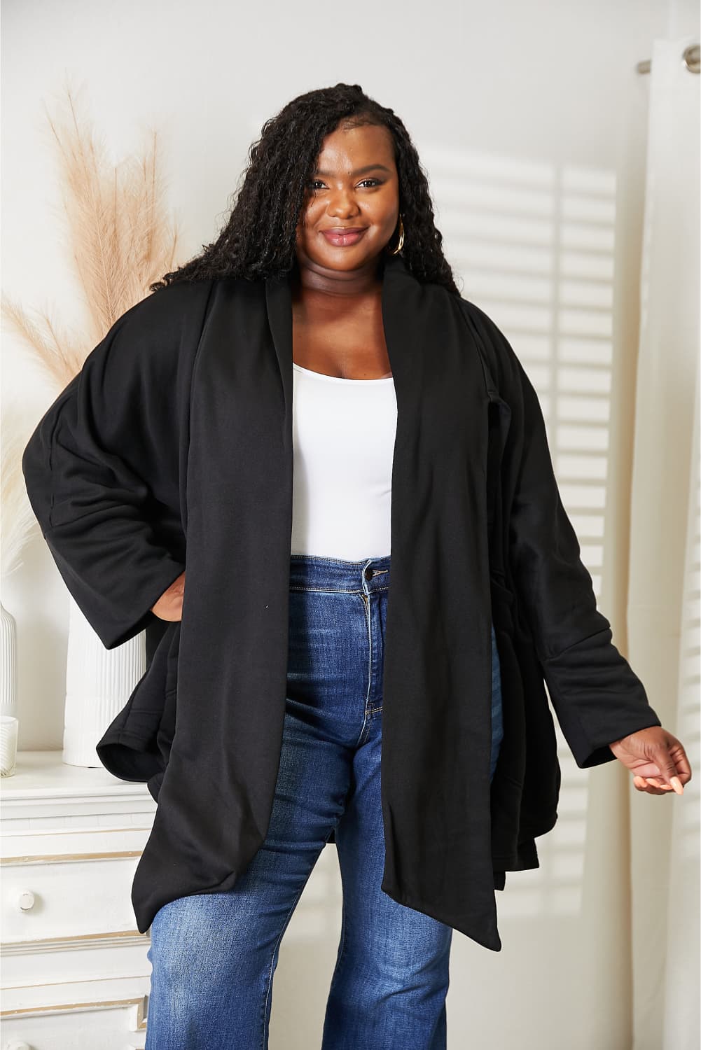 HEYSON Full Size Open Front Black Cardigan with Scarf Design