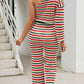 Striped Single Shoulder Top and Pants Knit Set