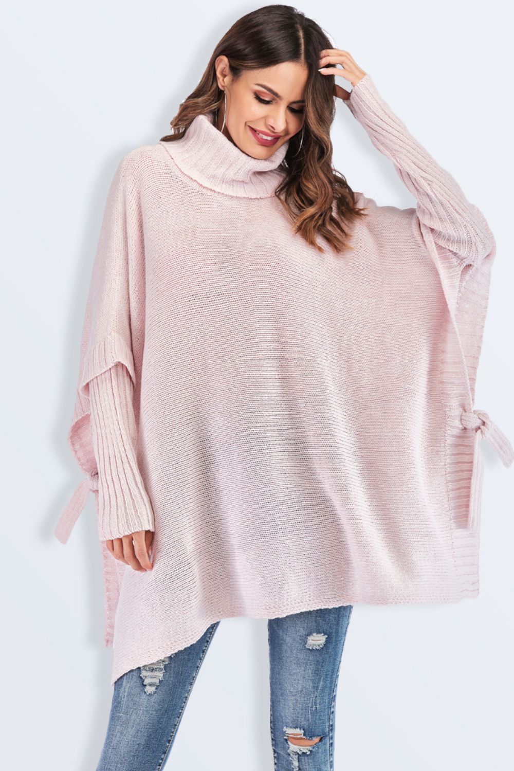 Double Take Tied Turtleneck Asymmetrical Hem Sweater