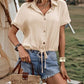 Drawstring Button Up Short Sleeve Blouse