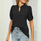 Full Size Notched Neck Puff Sleeve T-Shirt