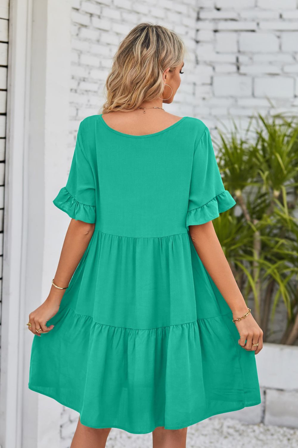 SO BOHO Full Size V-Neck Flounce Sleeve Tiered Dress