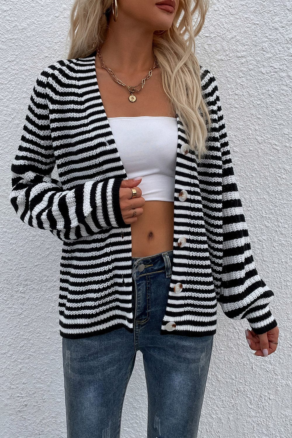 LakenLea Striped V-Neck Button-Down Cardigan