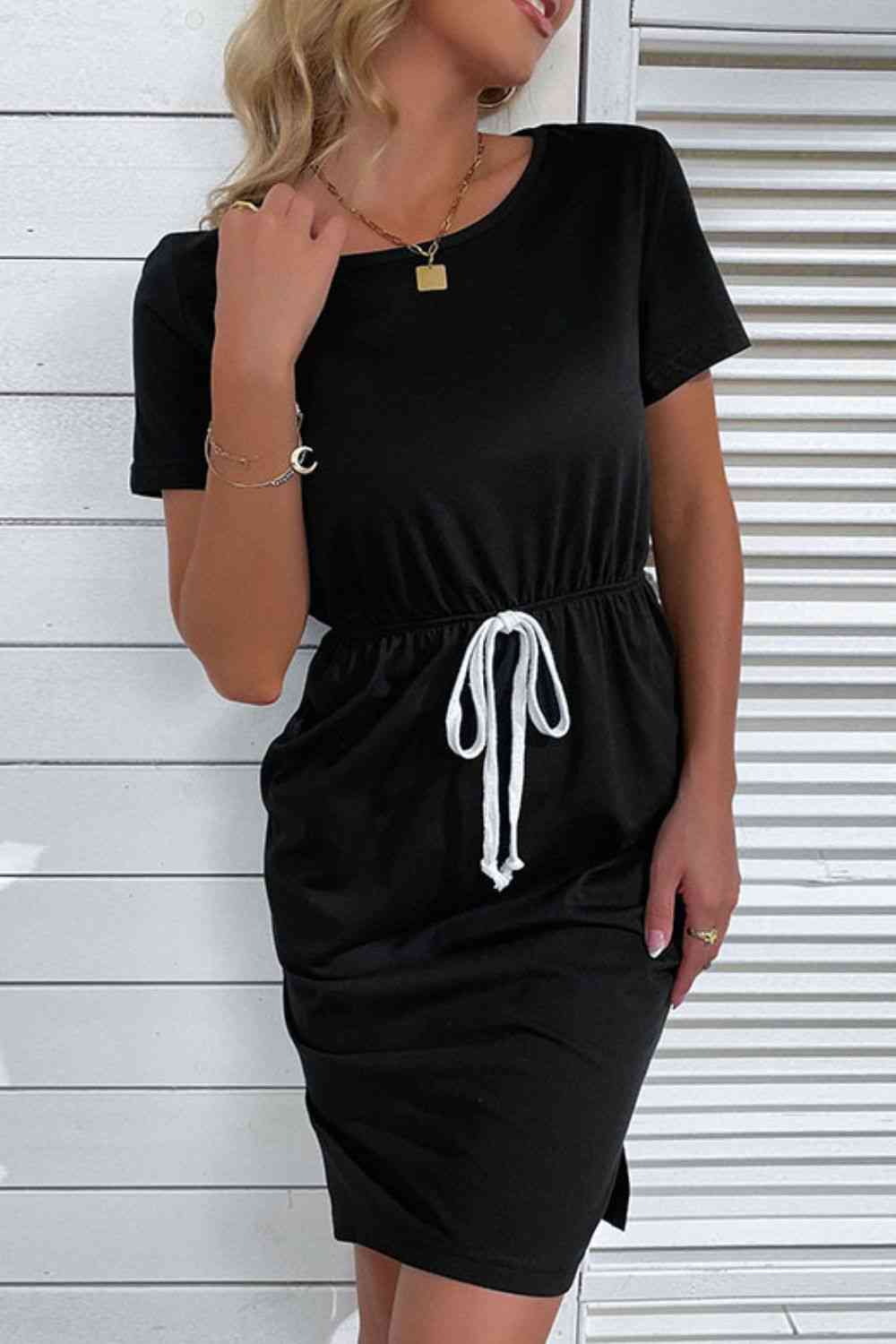 Side Slit Drawstring Round Neck Dress