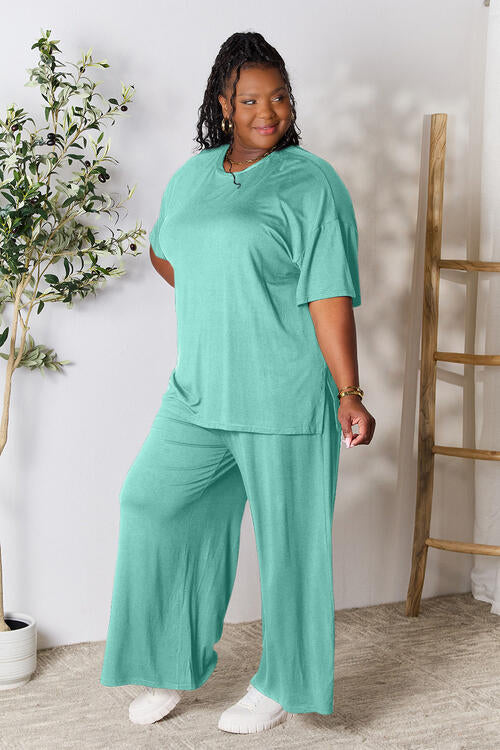 Double Take Full Size Round Neck Slit Top and Pants Set *