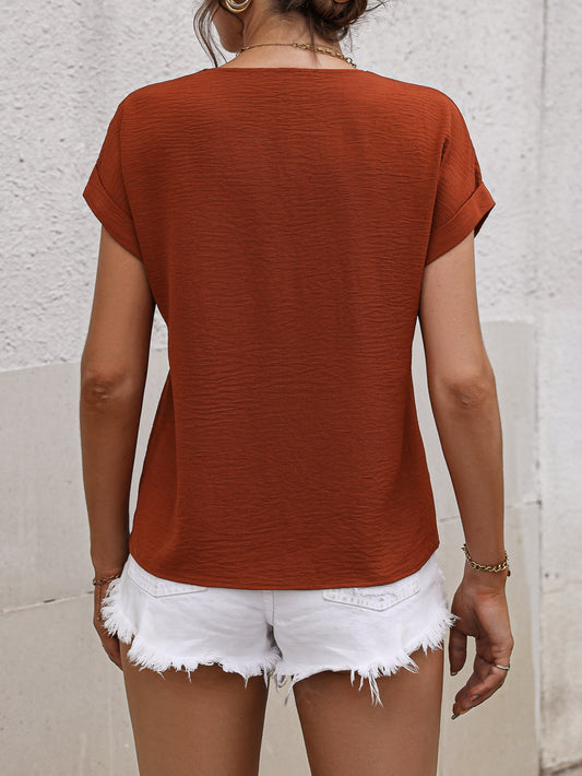 TRANQULSEA Buttoned V-Neck Short Sleeve Blouse
