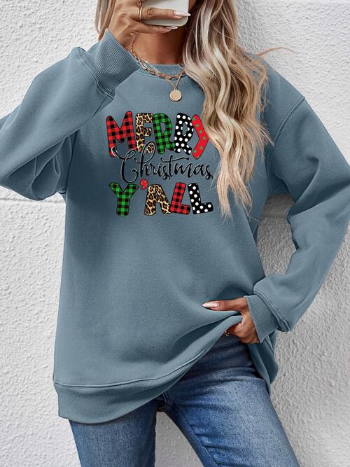 Merry Christmas Ya'll Letter Graphic Round Neck Long Sleeve Sweatshirt