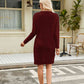 CozyWonders Full Size Notched Neck Cable-Knit Slit Sweater Dress