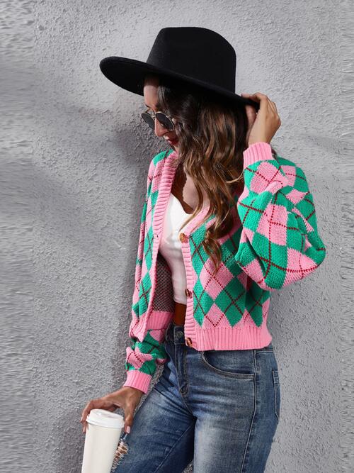 Fashion Mood Geometric Button Up Long Sleeve Cardigan