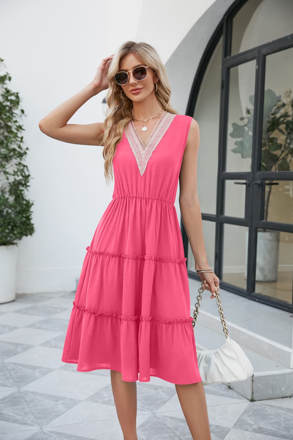 Full Size Contrast V-Neck Sleeveless Tiered Dress