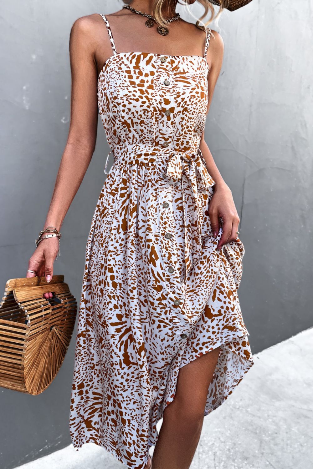 Women's Printed Spaghetti Strap Decorative Button Belted Dress