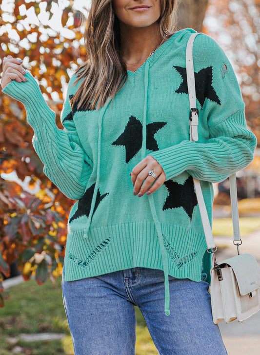 Full Size Star Distressed Slit Hooded Sweater