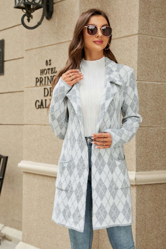 Women's Printed Open Front Lapel Collar Cardigan with Pockets