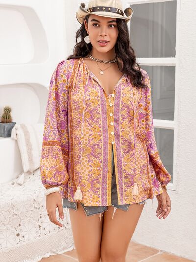 Women's Jasira Plus Size Tie Neck Tassel Printed Blouse